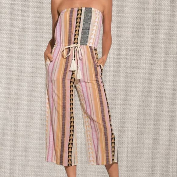 Elan NWT ($98) | strapless romper jumpsuit in beige stripe print | size Large - Picture 1 of 7